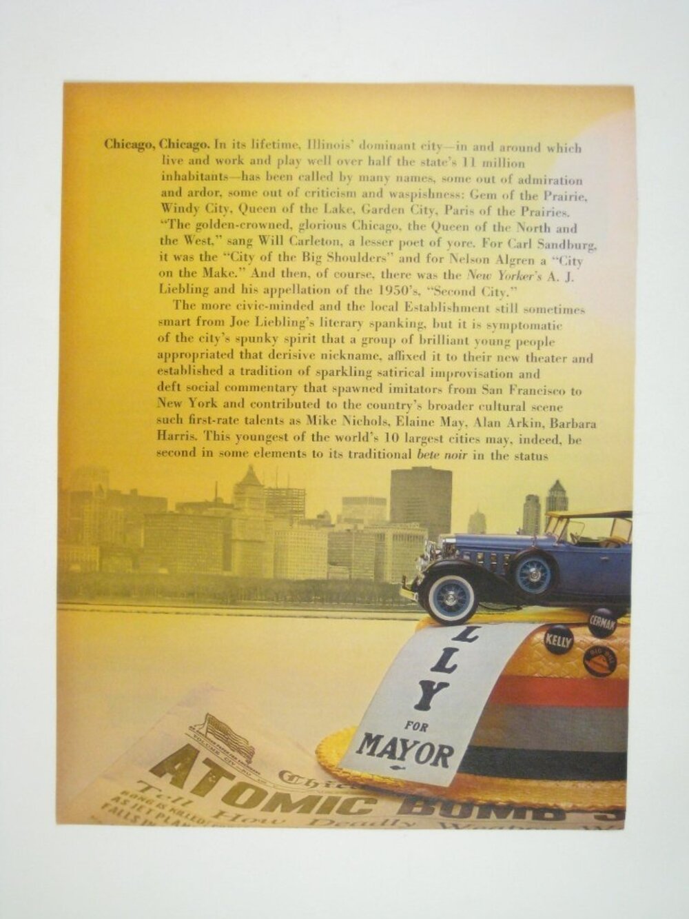 Vintage 1960s Chicago Print AD Classic Car Kelly For Mayor Hat